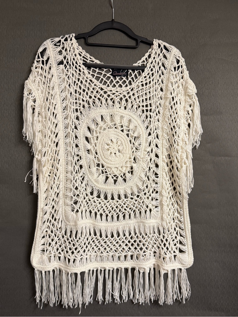 Crochet 100% Cotton Fringe Boho Poncho Top Tunic Western Cream 1XL